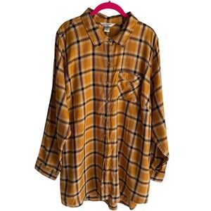 NWT CJ BANKS Mustard Black‎ Plaid Ladies Long Sleeve Button Down, 2X